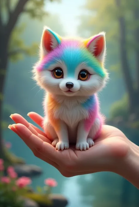 A hand holding a tiny wolf colored with various shades of ultra cute colors = realistic with very dense fur.  The blurred background is of a forest with a lake behind it.