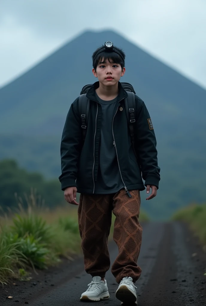 Real human. Photo, bodynfacung forward, Aziz is Indonesian young man, short straight black hair, white skin, black expressive eyes, medium body, wearing zipped up  black jacket, brown batik motive  pant, white shoes, lighting head lamp on his head, carryin...