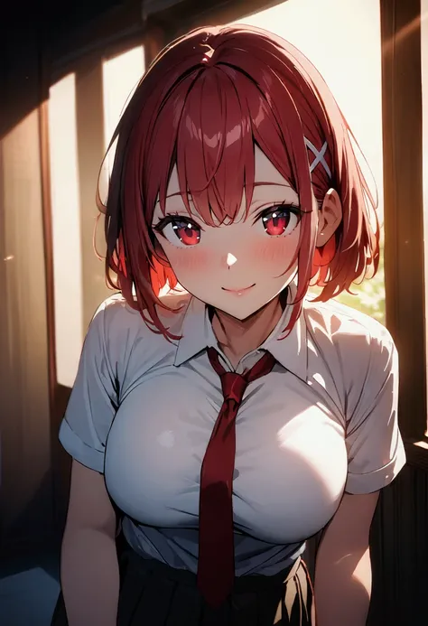  shorthair, ( red hair:1.2), X Hair Ornament, Red Eyes, ties,  girl,One person,  collared shirt,  white shirt, Short sleeve,  pleated skirt, student,  best quality, masterpiece,  high definition , big breasts、smile、highest quality, intricate details, (cine...