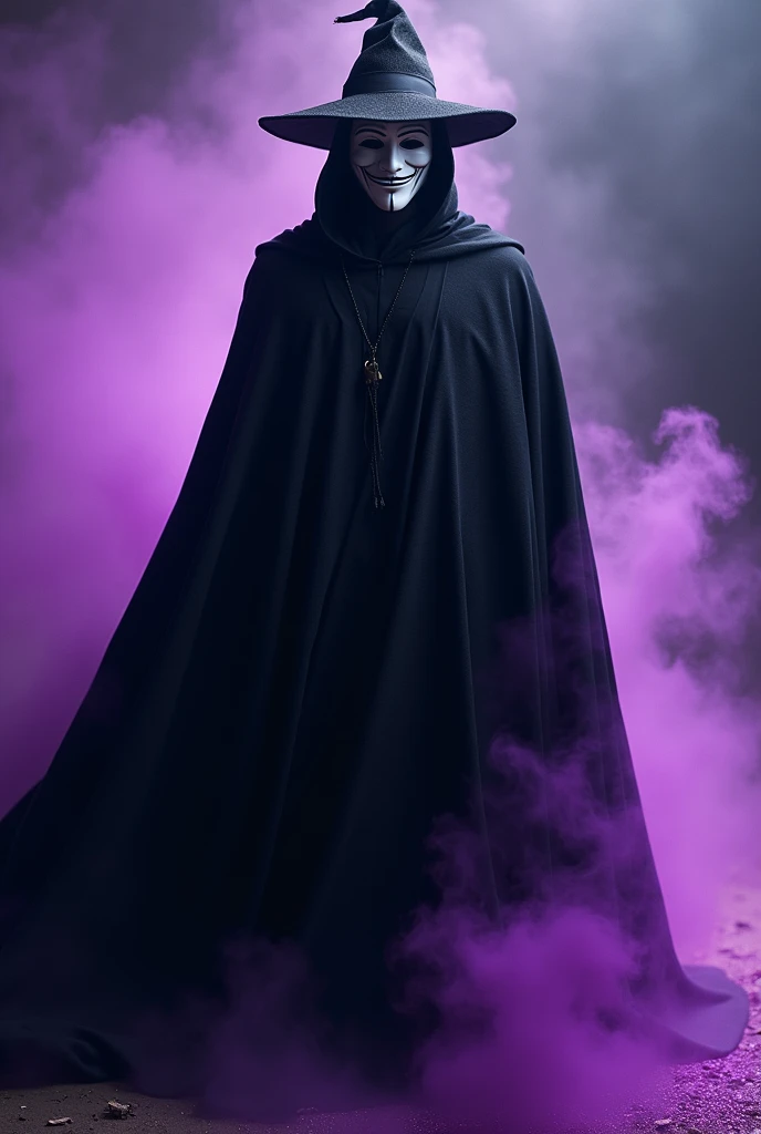 Dark man ,  large cape covering his legs and arms completely,  black cape with dark purple ,  the dark power flows ,  purple particles ,  smiling white mask covering his entire face ,  long hat ,  hidden arms and legs , purple fire