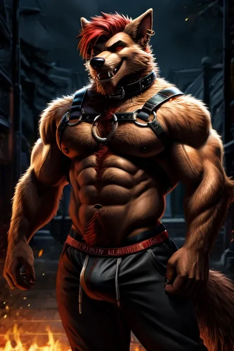 Red Eyes, HD, werewolf Ears, werewolf, red Hair, solo, Happy, male, furry, gay, Masterpiece, muscular, Naked, sexy, horny, father, piercing on the right end of the ear, dog collar, bad boy, harness, werewolf tail, Red jockstrap, dark body hair, horror, swe...