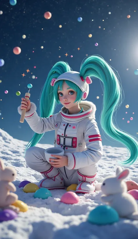  Hatsune Miku around 18 years old 、 Hatsune Miku in a spacesuit holds a pestle on the moon in outer space, and the rabbit in the spacesuit uses a mortar to make mochi、Hatsune Miku sending smiles to viewers 、 wearing a spacesuit the same color as Mikus hair...