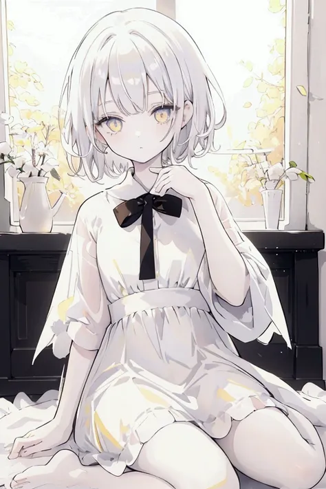 best quality, Clear ,beautiful, absurdres, a girl, neutral, sitting on the floor, looking at viewer, short hair, curly, platinum hair, {{{yellow eyes}}}, eyes open, wide-eyed, pale skin, white cute dress, toddler, dark background, soft-edged, black hues, l...