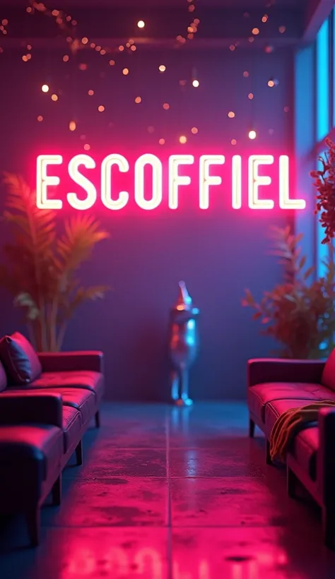 ESCOFFIEL CHOCOLATE Written in neon letters, in New Year&#39;s style, in capital letters , the text is written at the top.