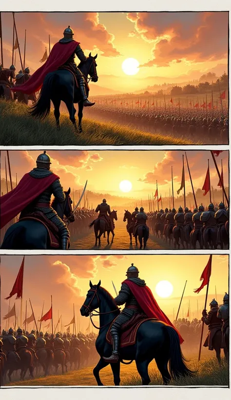 Storyboard, Comic book panel layout with white border, Multi view, Immersive, Go Pro, Action pose, Panel 5 Prompt for a split-panel scene showing Vlad fighting the Ottomans alongside the Hungarians:

Create an epic three-panel illustration depicting a medi...