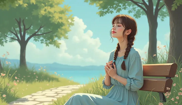   Animation of a  with brown hair tied in braids ,  wearing a light blue dress ,  she is seated on a wooden bench in a quiet park .  With her eyes closed and her hands over her heart , She breathes deeply ,  surrounded by wild flowers in soft tones . In th...