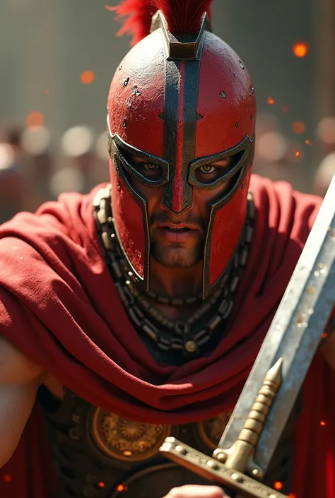 **a gladiator fighting against the enemy, close up shot, game art style, epic war scene, ultra realistic, high resolution, high details, high quality, cinematic, dynamic perspective, depth of field, natural lighting, red helmet with black line and white st...