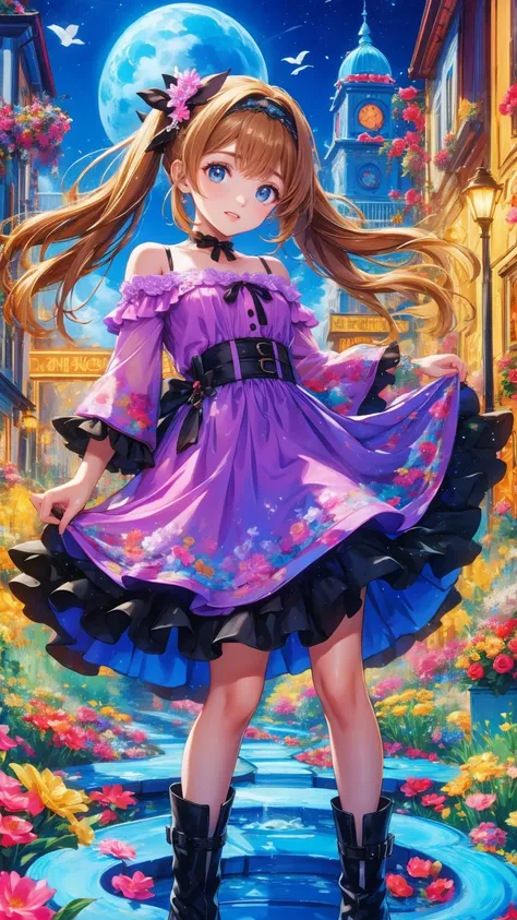   anime style 、story、、   pretty girl 、とてもcute天使、  pink gothic dress 、cute、baby face、smile、  Long Skirt 、   black boots 、Very cute headband
