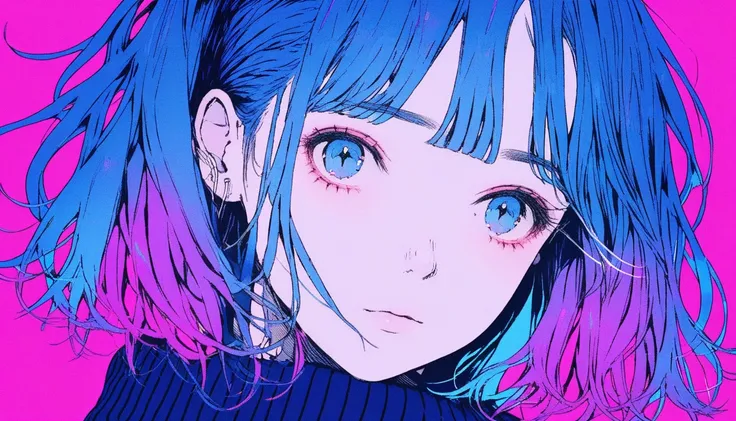 illustrator, anime , realistic ,sketch , 1 girl, ,lip, sweater,order, Blue gradient background, neon hair,Textured trim, Canadian, (masterpiece,Best quality) ganyou