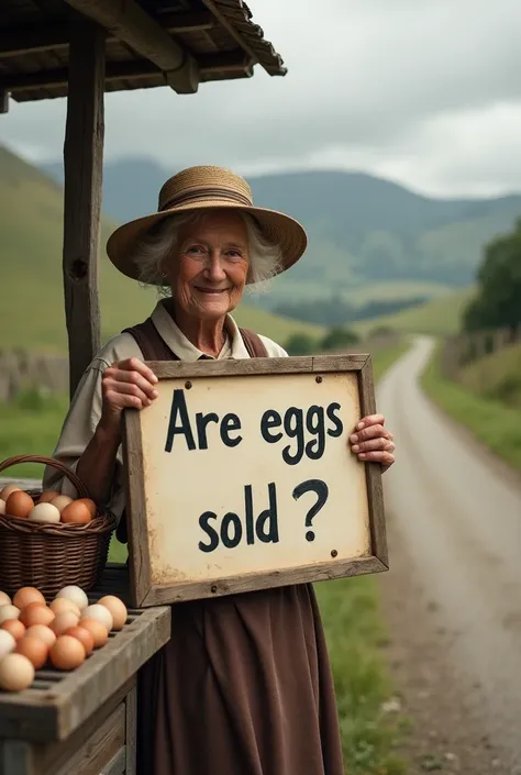  White Lady in a hat selling eggs, showing a large sign that says  "Are eggs sold "