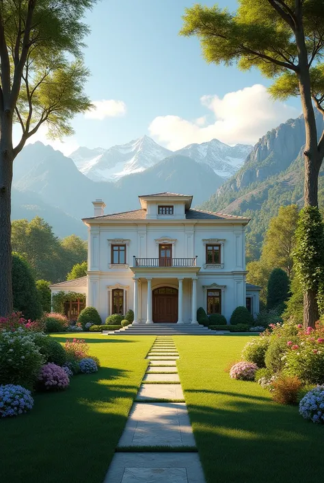 " A modern house in classical style,  surrounded by a neat green garden .  The house is in the middle of a stunning natural landscape : background in the form of mountains , dense green forest .  Clear sky with thin white clouds ,  and the sun shines warm ...