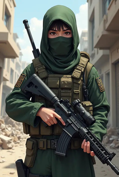 Anime Muslim soldier with guns and body armor 