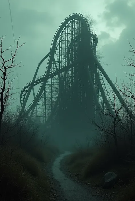 An eerie and desolate image of an abandoned roller coaster structure, overgrown with twisting, lifeless vines. The skeletal frame of the coaster looms against a murky, overcast sky, evoking a sense of decay and forgotten memories. The atmosphere is dark, m...