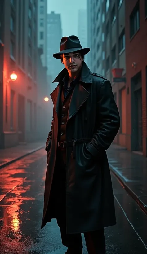 A realistic depiction of a detective in a noir setting. He is a rugged man in his late 30s with a chiseled jawline, slightly unkempt dark hair, and piercing eyes. He wears a long trench coat, a fedora tilted slightly forward, and holds a lit cigarette betw...