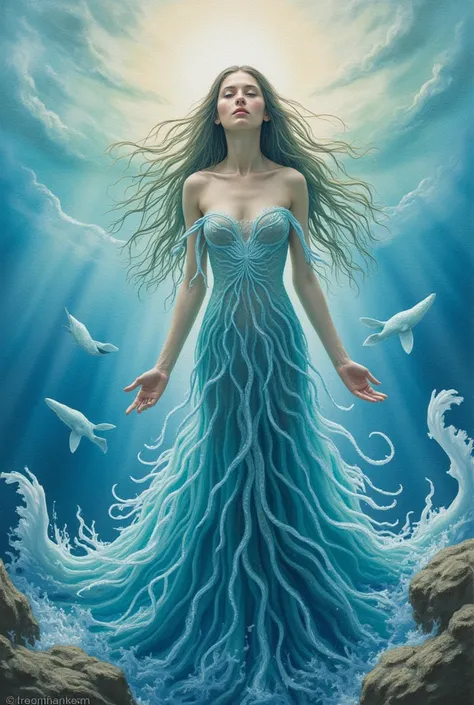 photorealistic watercollor oilpaint,Her ocean eyes, vast and deep,
Hold gratitude the stars cant keep.
Her tears become the rivers wide,
Her soul the tide where life abides.
The meermaids dance softly in her grace,
A mirror of her boundless space.
She is t...