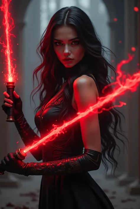 Beautiful white young evil woman with dark red hair and black eyeliner and black dress and bits of armour holding a red lightsaber and making red magic from her other hand