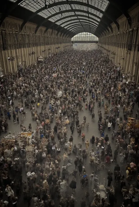 (((a busy train station))), ((a crowded platform)), steam trains, rushing passengers, luggage carts, ticket offices, loudspeaker announcements, architectural details, late 19th century, intricate details, spectacular lighting, dynamic composition, muted co...