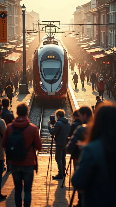 (Masterpiece, High Quality, 4K, 8k, Detail, Aesthetics: 1.2), Photographers lined up to photograph a train on a station platform with a nice European interior, camera set up on a tripod, looking into the camera, a beautiful train with a retro pattern is ap...