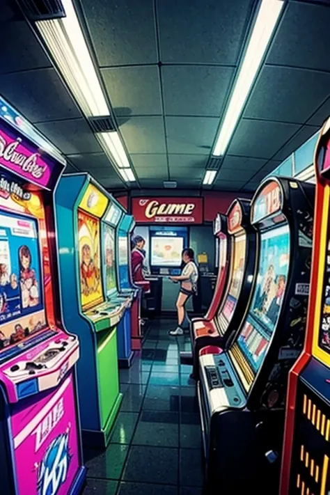 Transport yourself to a 1980s arcade, filled with rows of vintage game machines. The scene is shot in a retro style, with gamers engrossed in their games. The image is taken with a high-resolution camera, capturing the intricate details of the arcade machi...