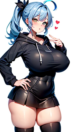 (20 year old woman, cute woman, 1 woman, solo, full body, (big breasts: 1.5), two breasts, (side ponytail: 1.75), light blue hair, (very big black ribbon with hair, grey oversized hoodie, black skirt, frilled skirt, black boots, lace-up boots), yellow eyes...