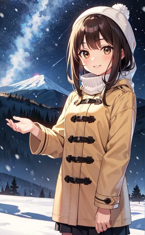 Mountain, its snowing,Night Sky,Brown haired girl, Brown Eyes ,long sleeve coat, Proximity Method, smiles