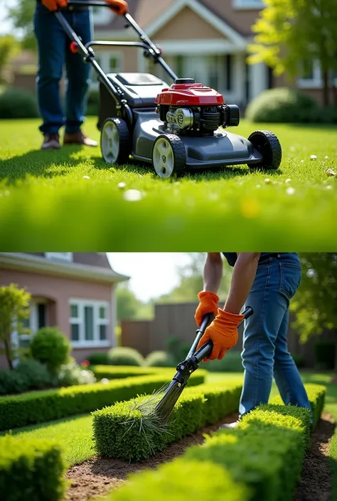 I want an advertisement where lawn mowing services are sold , cut shrubs so that they remain square and that the garden looks nice,  I want them to be two realistic images one up and one down ,  where you can see how you cut and you cant see their faces an...