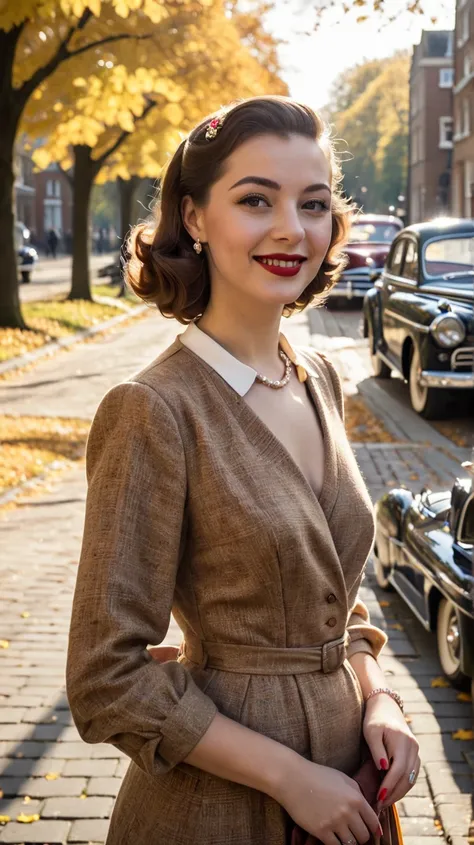 Close-up bust shot, an autumn afternoon in the 1940s, under sunny skies, with old cars lining the brick-paved road. All around, the colourful trees are turning their autumn leaves and the sun is shining warmly. On the pavement stands a beautiful, pretty wo...