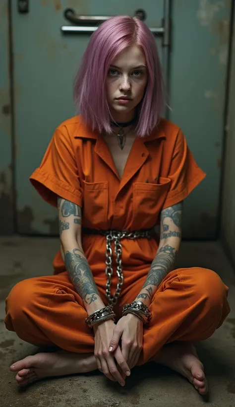 Girl,18, anorexi, extremely thin, emaciated,   She has medium length ,  straight hair in a pink-purple hue.  she is wearing orange prison uniform , she is barefoot. hands are cuffed together in front of the stomach with handcuffs, There is a metal chain ar...