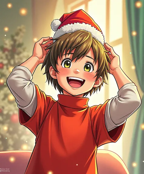 Boy in the picture put Christmas hat on