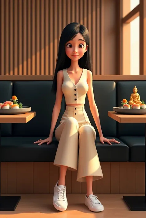 Woman 30 years, long straight black hair, wearing creme short sleeveless buttoned vest and creme long loose trousers with white sneakers. At Sushi restaurant with wood slat paneling in walls, black rectangular tables, sitting on black leather upholstered b...