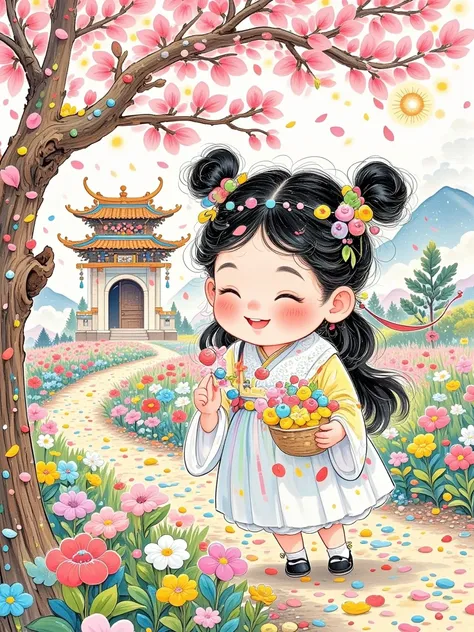 ((( Feeling the gentle touch of the petals falling on the face )))，((( with soft pink ))),  with occasional pink petals between the hair 、 white pear petals 、 the sun shines through the clouds ，Various shapes，Different sizes。In the rain of petals ， The col...