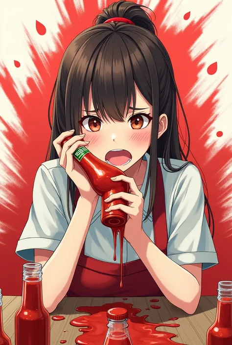 1woman, close dynamic view, annoyed expression, home clothes, sitting behind the kitchen table, holding ketchup bottle, ketchup is leaking down on her hands and on the table, table is full of ketchup bottles, ketchup dripping from the table on the floor. R...