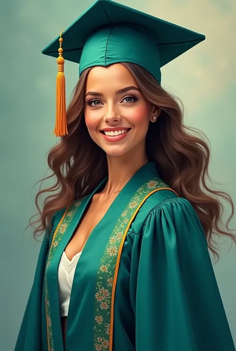 Drawing of a pretty girl dressed in graduation with a green turquoise gown and cap 