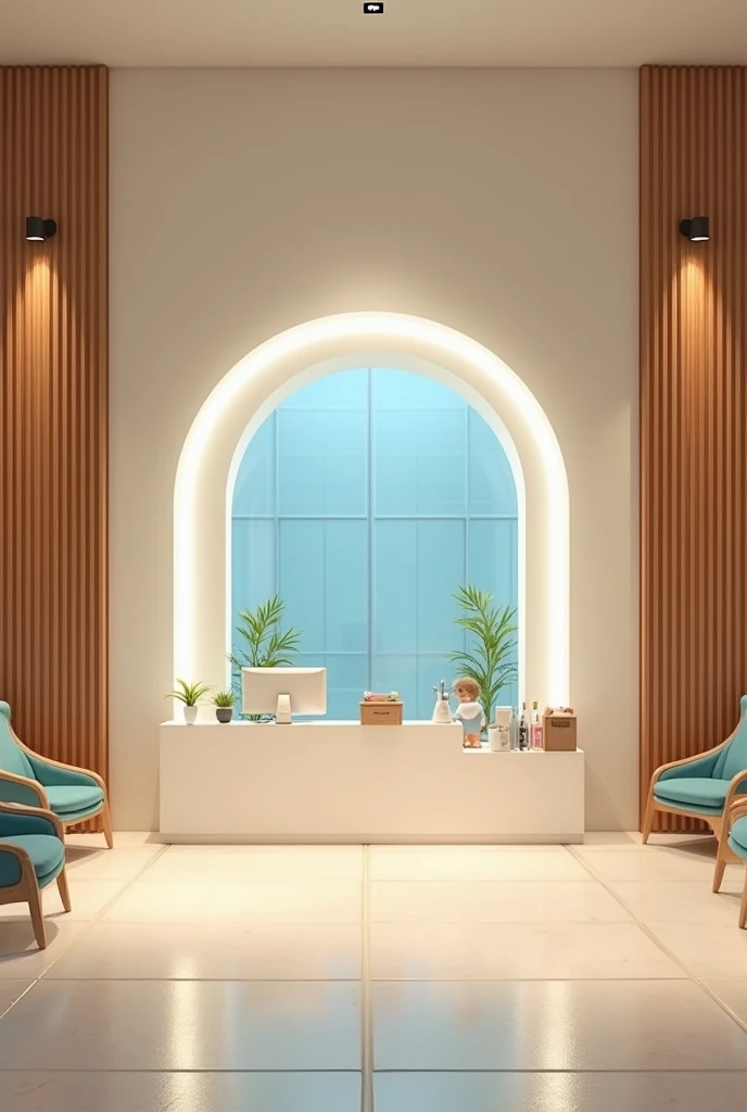  Create a reception for a Pet Shop called Mimo Pet !  Create a large reception ,  in it place an illuminated entrance ,  wooden details on the sides , a large white counter ,  and beige and blue details ,  also place two medium armchairs for customers to s...