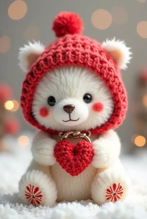 Generate a picture of a white bear keychain wearing a big red crochet cap on the head covering his ears and a red heart draw on bear and the bear is sitting