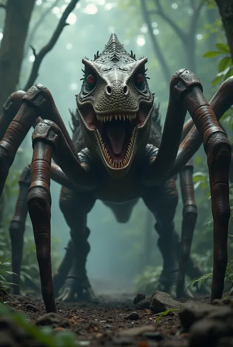 "Create an eerie and powerful hybrid creature that combines the body of a spider with the head and limbs of a Tyrannosaurus rex. The creature has a massive, muscular T. rex body, but instead of regular legs, it has eight long, segmented spider legs that ex...