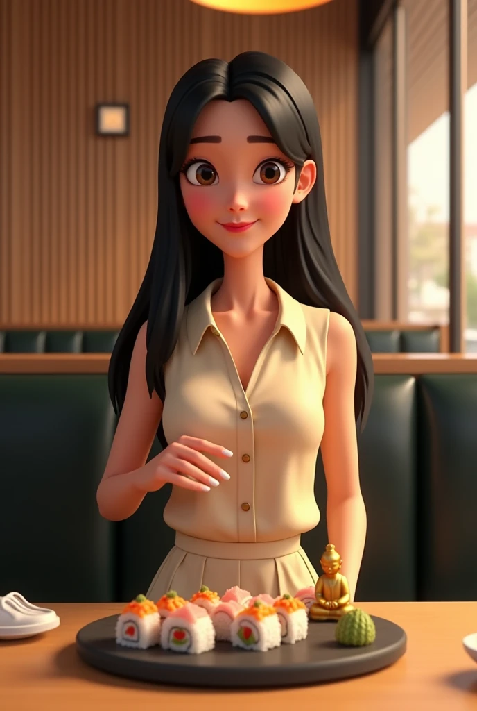 Woman 30 years, long straight black hair, wearing creme short sleeveless buttoned vest and creme long loose trousers with white sneakers. At Sushi restaurant with wood slat paneling in walls, black rectangular tables, sitting on black leather upholstered b...