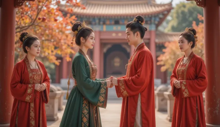 Tang Dynasty， The girl is wearing green ，   the boy wears a red Hanfu ， Golden autumn October ，  and bear fruit   ，Pomegranate tree，   and the two go into the wedding hall  。  man and woman face to face， Bend over to each other   ， Bow to each other ，   Yo...