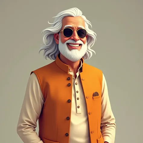 A cheerful elder Indian man with white hair, Emiway Bantai Round Sunglasses, wearing an orange vest over a cream kurta and pajama, standing confidently with a warm smile.

