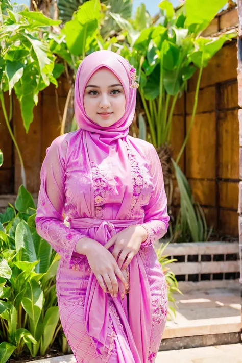 Beautiful, cute baby Face, 26 Years old russian muslim girl, ((wearing hijab)), sexy kebaya dress, nude, large breast , pink nipple, White Skin, horny orgasm face expression, bedroom Background, day light,mid shot, full body, Perfect Potrait, Bokeh Effect,...