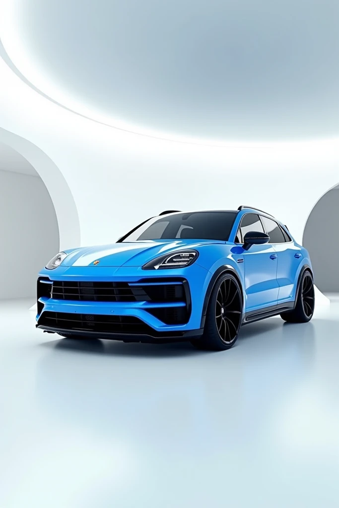 A captivating image of a 2025 Porsche Cayenne GTS taking center stage in a luxurious white showroom. The futuristic, vibrant (blue ) exterior gleams, showcasing its sleek, aerodynamic design and bold accents. The sides  view highlights the cutting-edge inn...