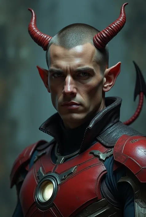 hyperealistic and show great detail, a man with buzzcut hair (one small braid on the back of the head) show with detail , horned and tailed devil, wearing an ironman uniform,next to the writing "A GHOST YOU SEE" (the writing must be correct) with devil orn...