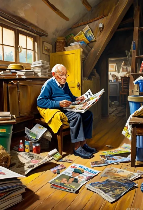 In this painting, an elderly man can be seen sitting in an attic reading a magazine passionately. From behind him looks out a boy, apparently his grandson, who is also reading some interesting article. 
There are many yellow magazines lying around the man....