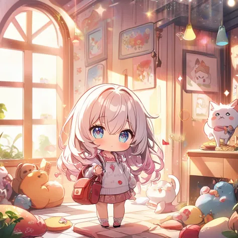 masterpiece, best quality, 4k、((2D illustration))、one beautiful girl、(((chibi style)))、solo、((cute))、((warm colors))、((long beautiful hair)), glossy light silver hair, gradient hair color, hair between eyes, beautifully detailed eyes, ((casual clothes)), (...