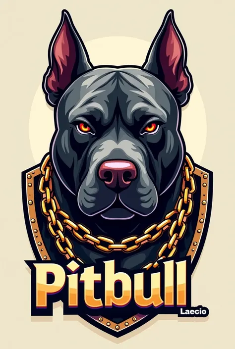 create a TWITCH logo for PITBULL with a pitbull face, red eyes and a studded gold chain with LAERCIO written below the PITBULL name