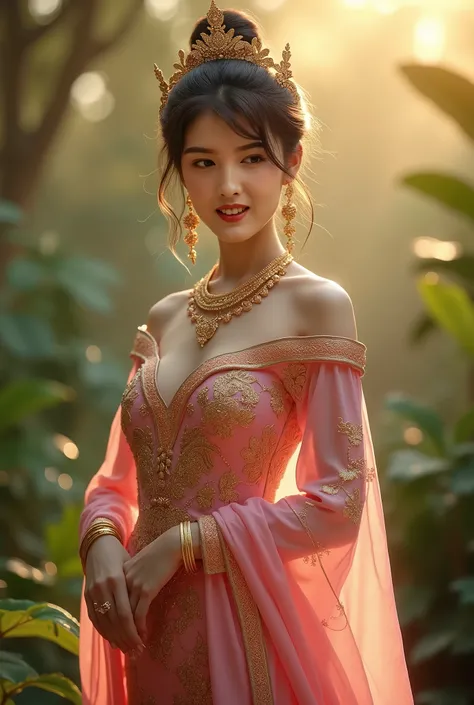 sabaithai,thai traditional dress,Beautiful Thai woman in a pink gold traditional dress with gold jewelry