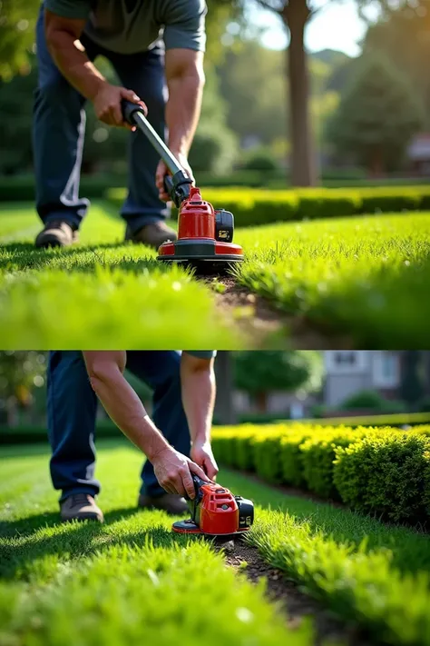 I want an advertisement where lawn mowing services are sold , cut shrubs so that they remain square and that the garden looks nice,  I want them to be two realistic images one up and one down ,  where you can see how you cut and you cant see their faces an...