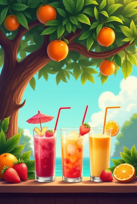 Fruit shake tree cups flavor orange, strawberry and mango  
