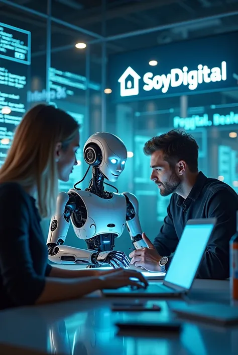 A realistic photo celebrating Programmers Day, featuring a woman, a man, and a humanoid robot working together in a modern tech office. The setting includes glowing holographic screens, laptops, and coding symbols around them. The scene prominently display...