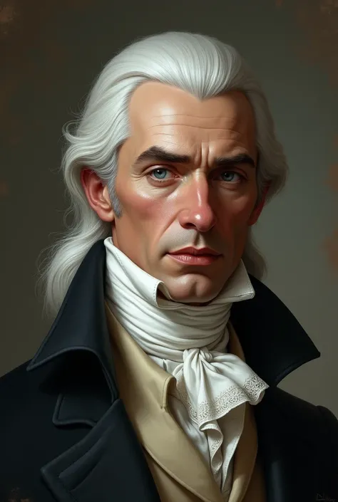 A handsome man with long straight white hair and blue eyes. 19th century clothing 